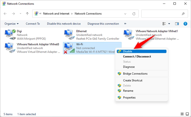 Disabling the Wi-Fi adapter from the Network Connections window