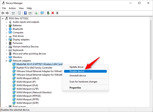 Disable Wi-Fi in Windows 11 from the Device Manager