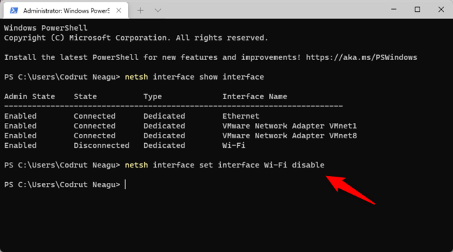 The command that disables Wi-Fi in Windows 11