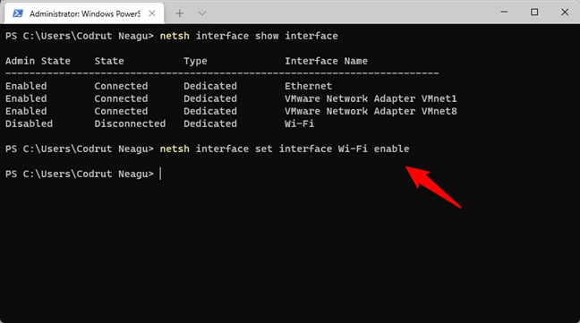 The command that enables Wi-Fi in Windows 11