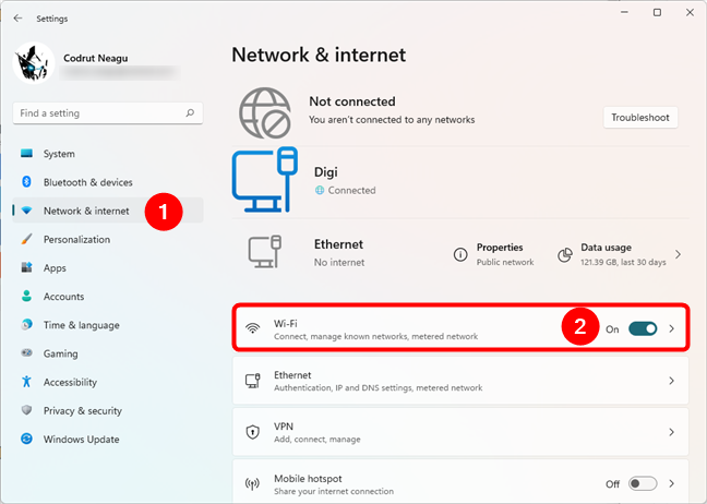 The Wi-Fi switch from the Settings app