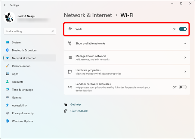 The Wi-Fi switch from the list of Wi-Fi settings