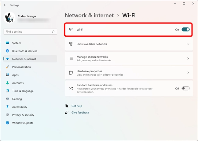 The Wi-Fi switch from the list of Wi-Fi settings