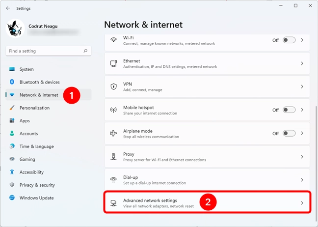 Advanced network settings in Windows 11