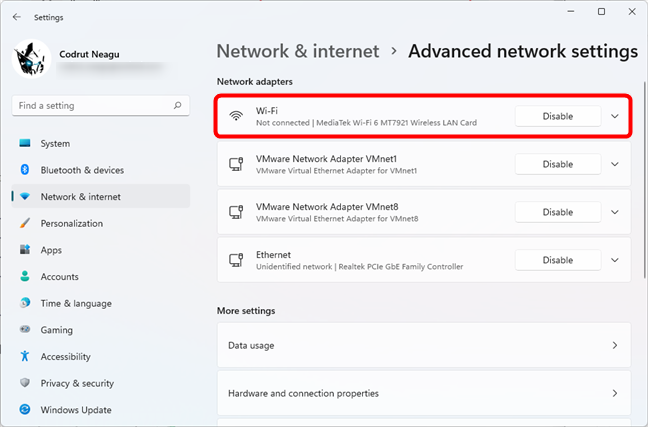 Disable the Wi-Fi adapter in Windows 11