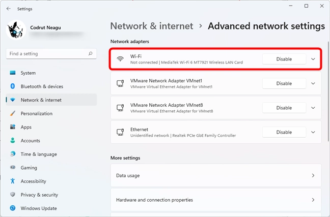 Disable the Wi-Fi adapter in Windows 11