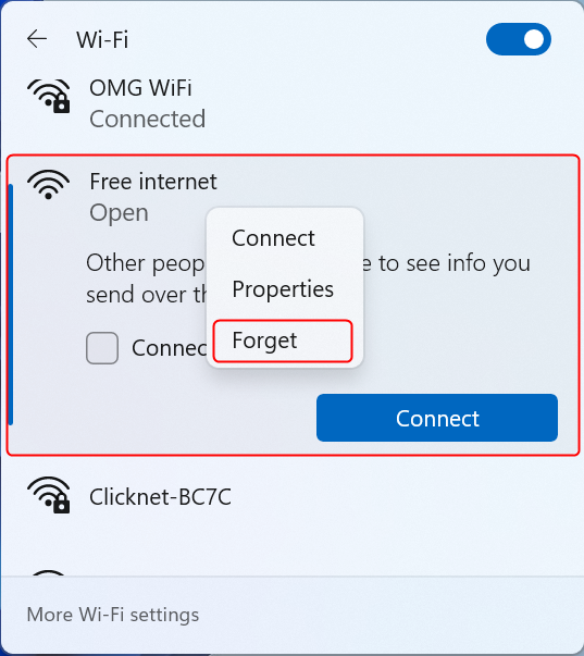 Right click the Wi-Fi network and select Forget