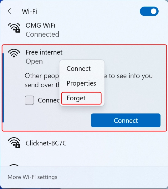 Right click the Wi-Fi network and select Forget