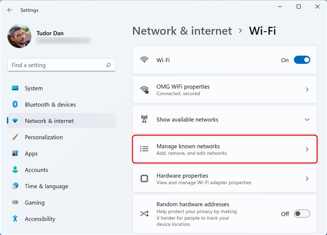 Select Manage known networks to see the list of saved networks