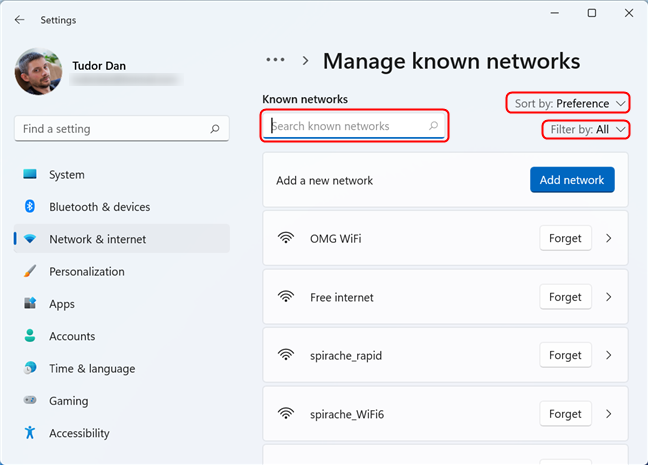 Search, sort or filter the Wi-Fi networks