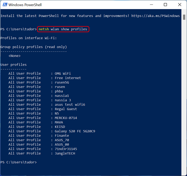 List the saved Wi-Fi networks using the netsh command