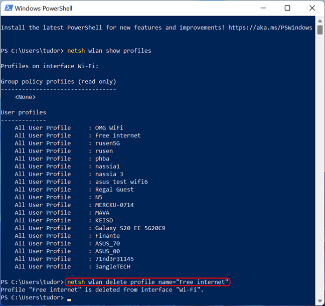 Delete saved Wi-Fi network using the netsh command