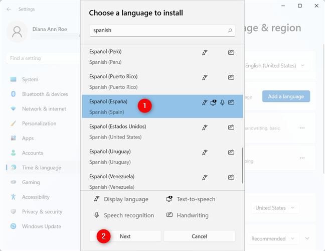 Select the Windows 11 language you want and press Next