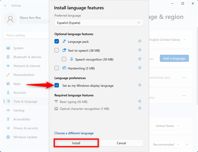 Change the display language in Windows 11 when installing a language pack