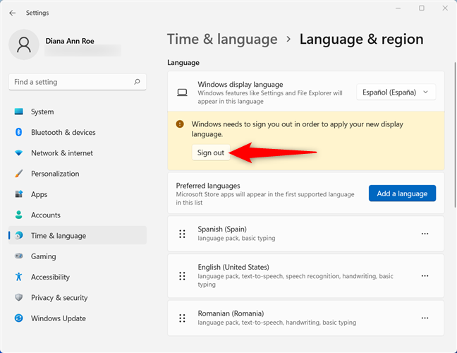 Sign out to finish changing the Windows 11 language