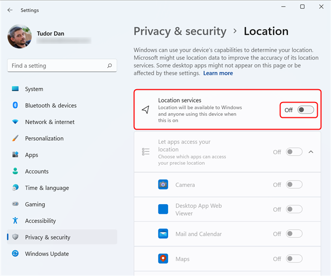 Turn Location Services on and off in Windows 11
