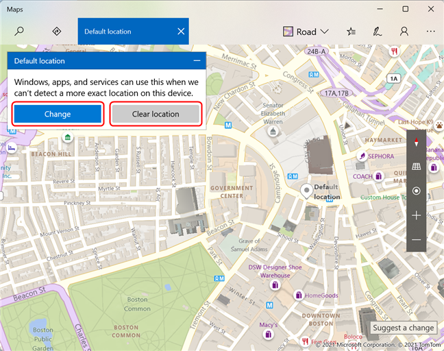 Changing and clearing the Default location in Windows 11