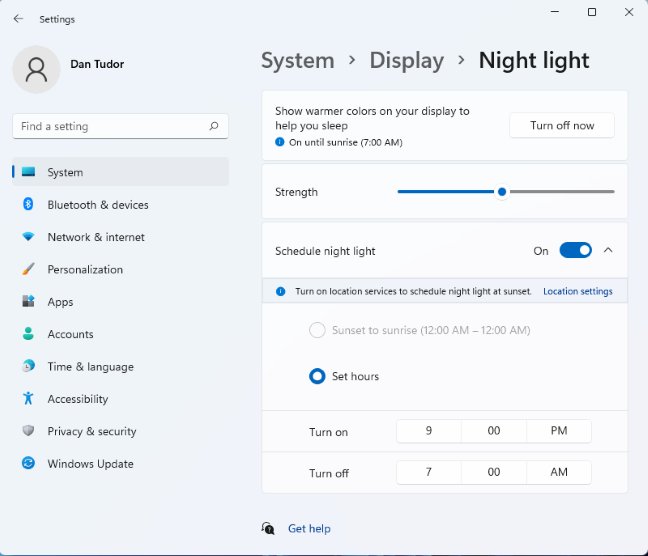 Tweak the Windows 11 Night light settings