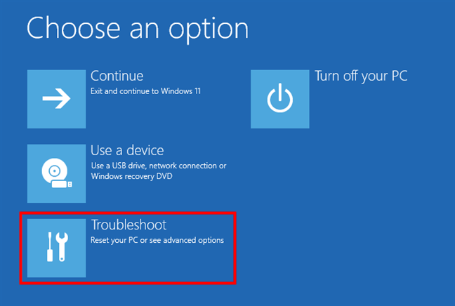 To get to Windows 11 Safe Mode, select Troubleshoot