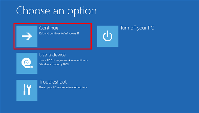 Choose Continue to start Windows 11 in Safe Mode