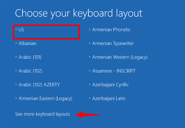 Choosing the keyboard layout for the recovery drive