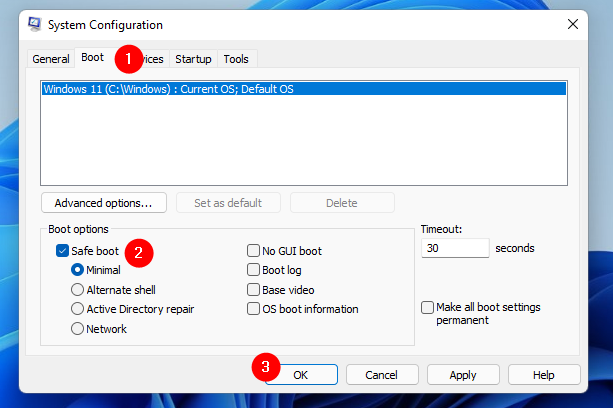 Start in Safe Mode using System Configuration (msconfig)