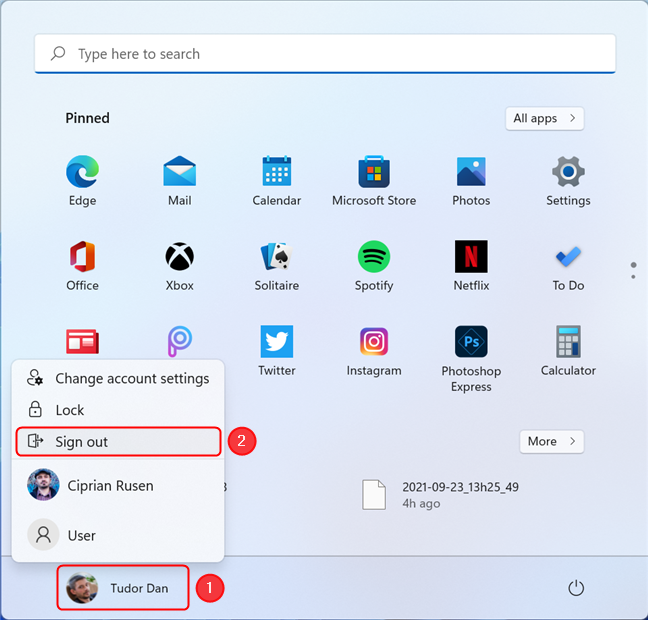 Sign out of Windows 11 using the Start Menu