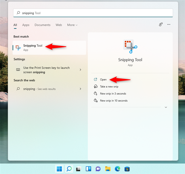 How to open the Snipping Tool in Windows 11 using search