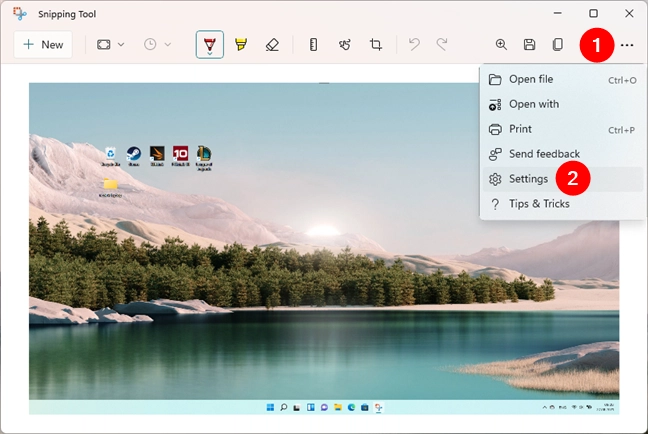 How to open Snipping Tool's Settings when editing a screenshot