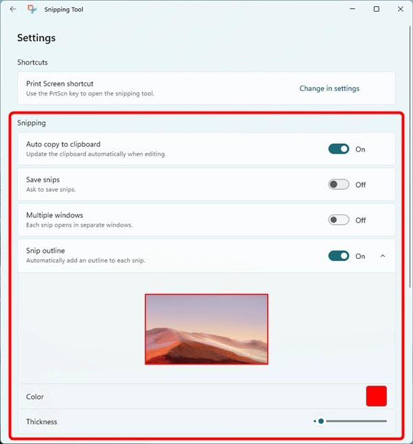 Snipping settings available in Windows 11's Snipping tool