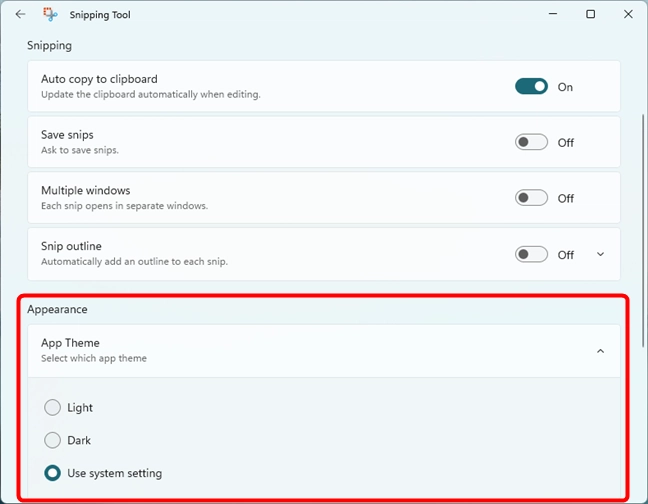 The appearance settings for Windows 11's Snipping tool