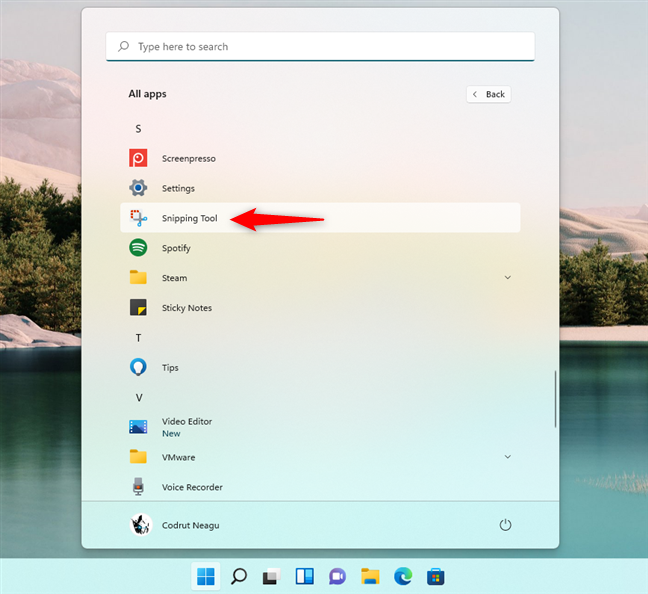 How to open Snipping Tool in Windows 11 from the Start Menu