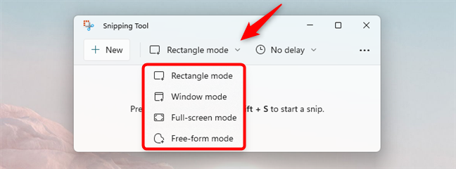 Screenshot modes in Snipping Tool