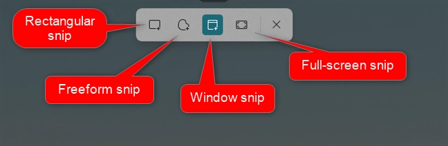Snip options for taking a screenshot