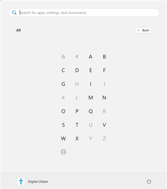 Press on a letter to reach the apps in that section