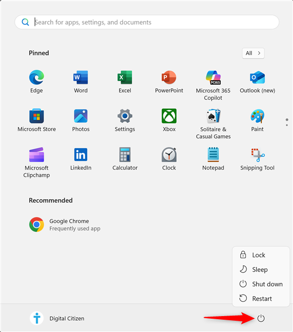 The Power button opens a menu with more options