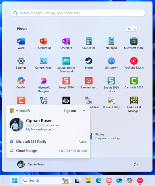 The user menu for Microsoft accounts