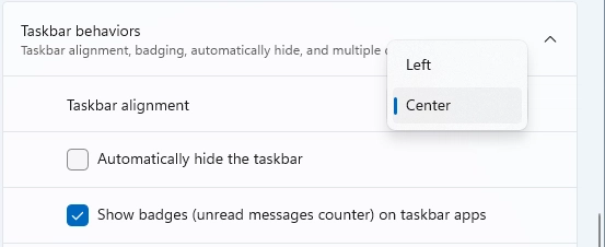 Choose the Taskbar alignment