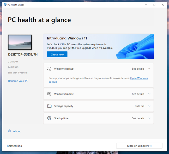 Windows 11 system requirements tool: PC Health app