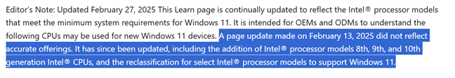 Microsoft clarification regarding the Intel processors supported by Windows 11