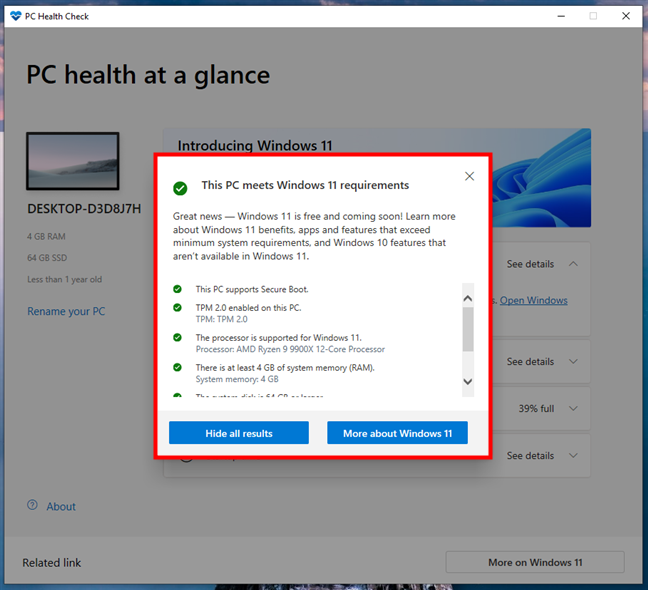 Details about the Windows 11 system requirements met by a PC