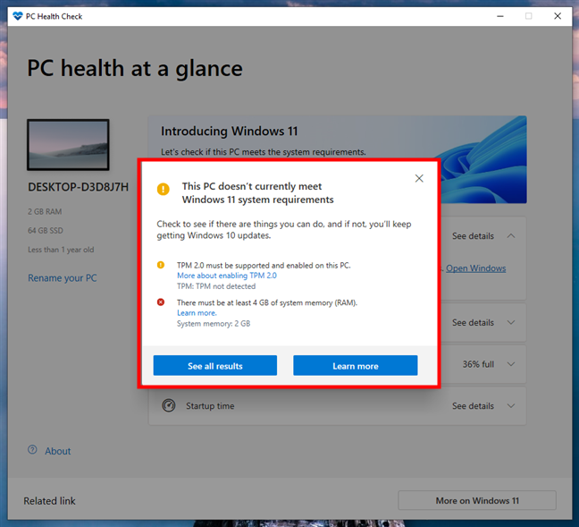 This PC doesn't currently meet the Windows 11 system requirements