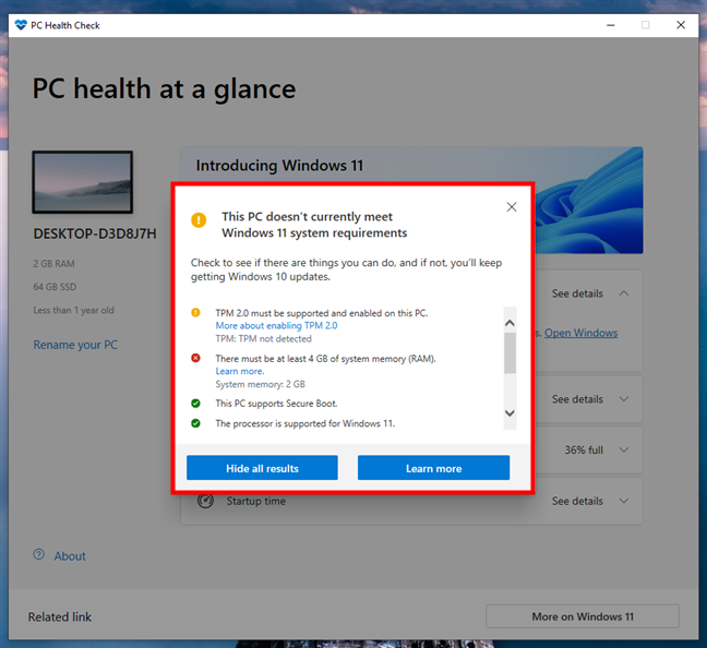 Details about the Windows 11 system requirements that aren't met by a PC