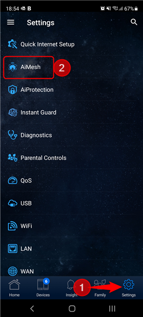 Tap Settings and then AiMesh