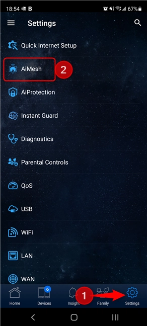 Tap Settings and then AiMesh
