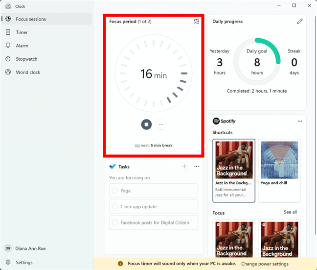 Start a focus session in Windows Clock to work without distractions