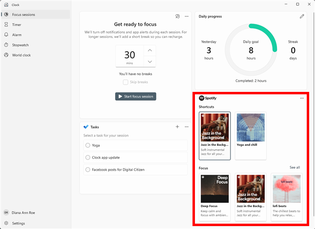 Connect your Spotify account in the Focus sessions tab of the Windows Clock app