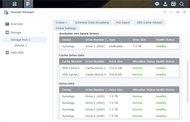 The final RAID configuration, with a hot spare and SSD caching