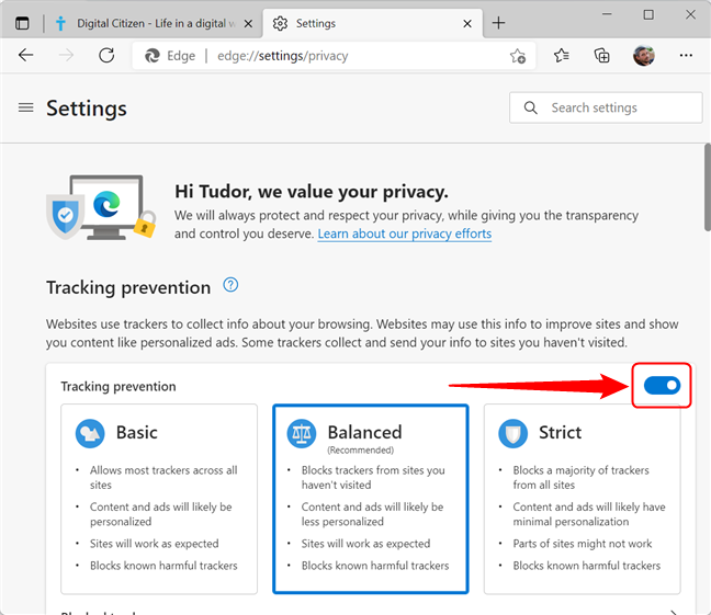 Turn Tracking prevention and and off in Microsoft Edge