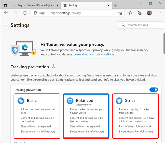 Tracking prevention levels available in Microsoft Edge